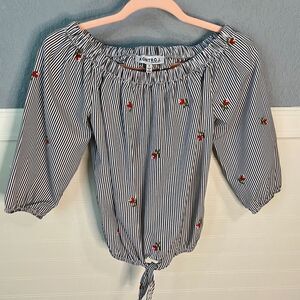 Kontrol Off The Shoulder Pinstripe w/Flowers Top